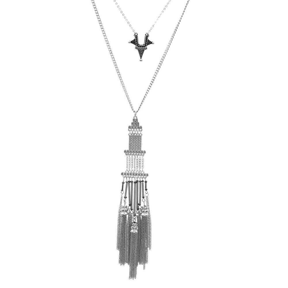 Long Tower Tassel Double Silver Chain Necklace